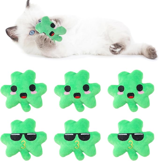 6pcs St. Patrick's Day Shamrock Catnip Toy，Indoor Shamrock Shaped Cat Toy Plush Interactive Chew Bite Toys for Cat Kitten Indoor Festive Holiday Cat Lover Gift