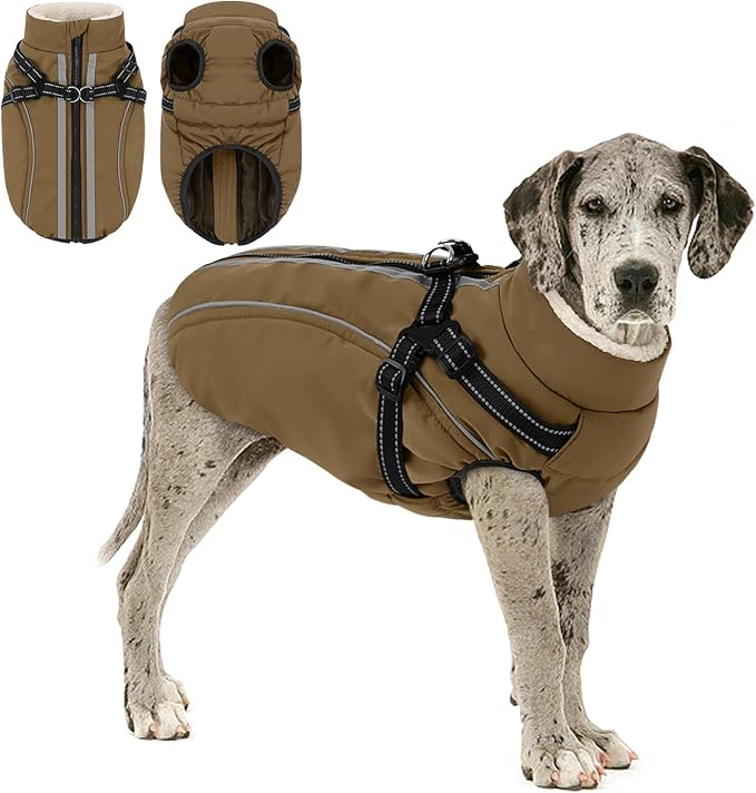 Dog Winter Coat with Harness Built in Warm Puffer Dog Jackets for Small Medium Large Dogs Windproof Waterproof Outfit with Plush Lining and Reflective Stripes (Brown, 3XL)