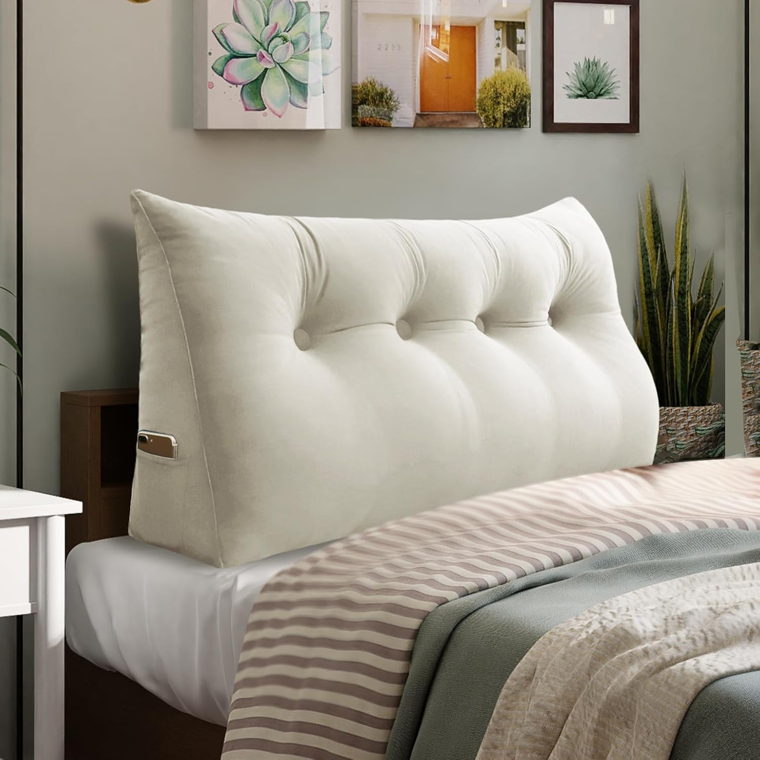 Bed Wedge Headboard Pillow - College Dorm Reading Pillow Back Support While Sitting in Bed - Ergonomic Lumbar Pillow Body Positioning Bed Pillow - Velvet Beige 54IN