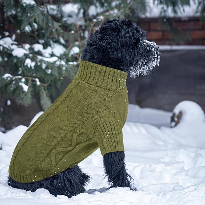 Queenmore Small Dog Pullover Sweater, Cold Weather Cable Knitwear, Classic Turtleneck Thick Warm Clothes for Chihuahua, Bulldog, Dachshund, Pugl,OliveGreen,L