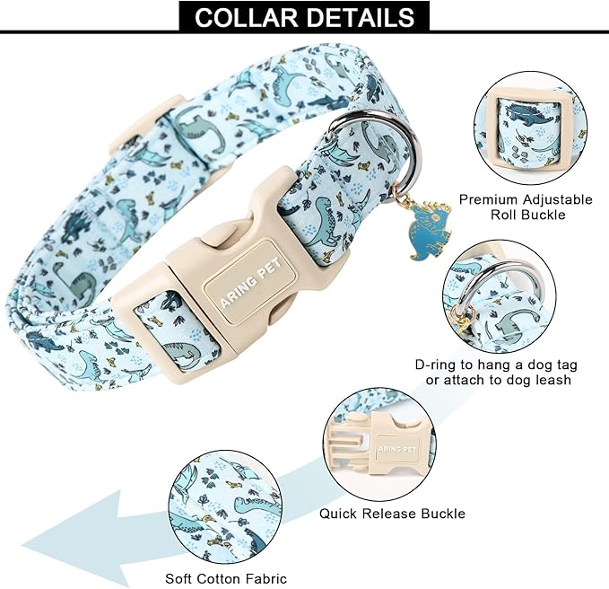 ARING PET Dinosaur Dog Collar, Blue Summer Pet Collars with Quick Release Buckle for Puppy Small Medium Large Boy Girl Dogs-XS