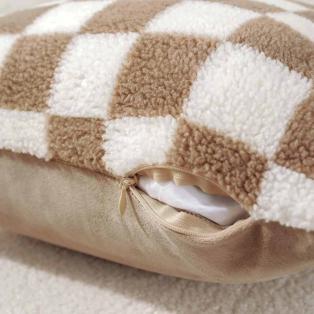 AmHoo Pack of 2 Decorative Throw Pillow Covers Checkerboard Luxury Super Soft Faux Fur Wool Set Case Cushion for Couch Sofa Bedroom 22 x 22-Inch Camel