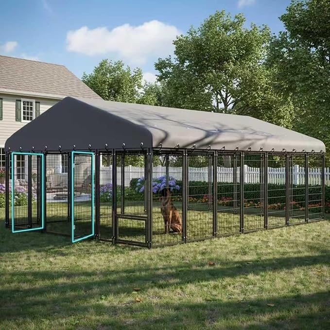 10 x 14 FT Large Outdoor Dog Kennel with Double Swing Doors, Heavy-Duty Dog Cage with Feeding Panel, Weatherproof Roof, Secure Fence Playpen for Large Dogs, Easy Assembly