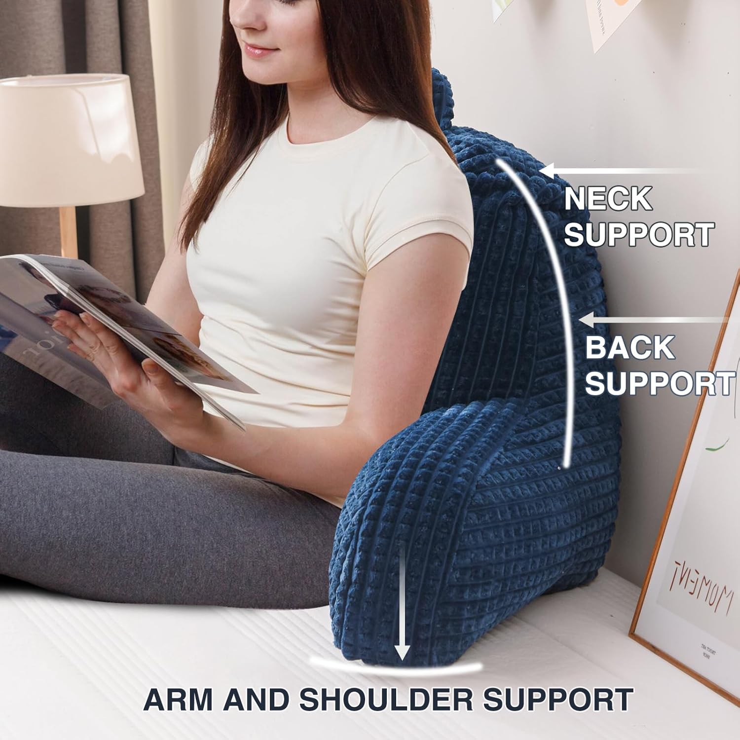 A Nice Night Reading Pillow Bed Wedge Large Adult Children Backrest with Arms Back Support for Sitting Up in Bed/Couch for Lounging Bedrest,Waffle Stereoscopic Design,Navy