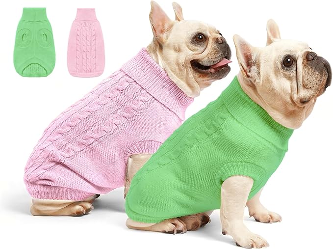 2 Pack Dog Sweaters for Small Dogs - Puppy Medium Warm Clothes in Winter, Turtleneck Pullover Design for Boy Girl Pet, Doggie, Cat, Kitten Chihuahua Bulldog Pug Beagles (S, Pink, Green)