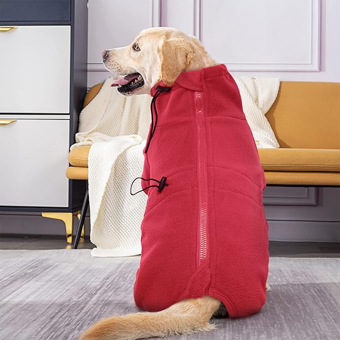 ROZKITCH Winter Dog Pajamas, Pet Windproof Warm Cold Weather Jacket Vest Cozy Jumpsuit Apparel Outfit Clothes for Small Medium Large Dog Walking Hiking Sleep Red 2XL