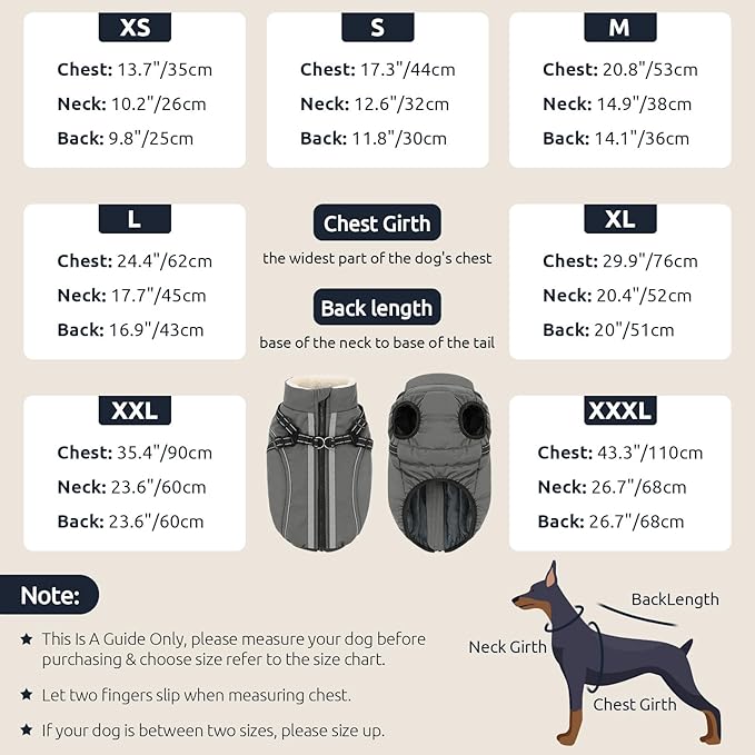 Dog Winter Coat with Harness Built in Warm Puffer Dog Jackets for Small Medium Large Dogs Windproof Waterproof Outfit with Plush Lining and Reflective Stripes (Grey, XS)