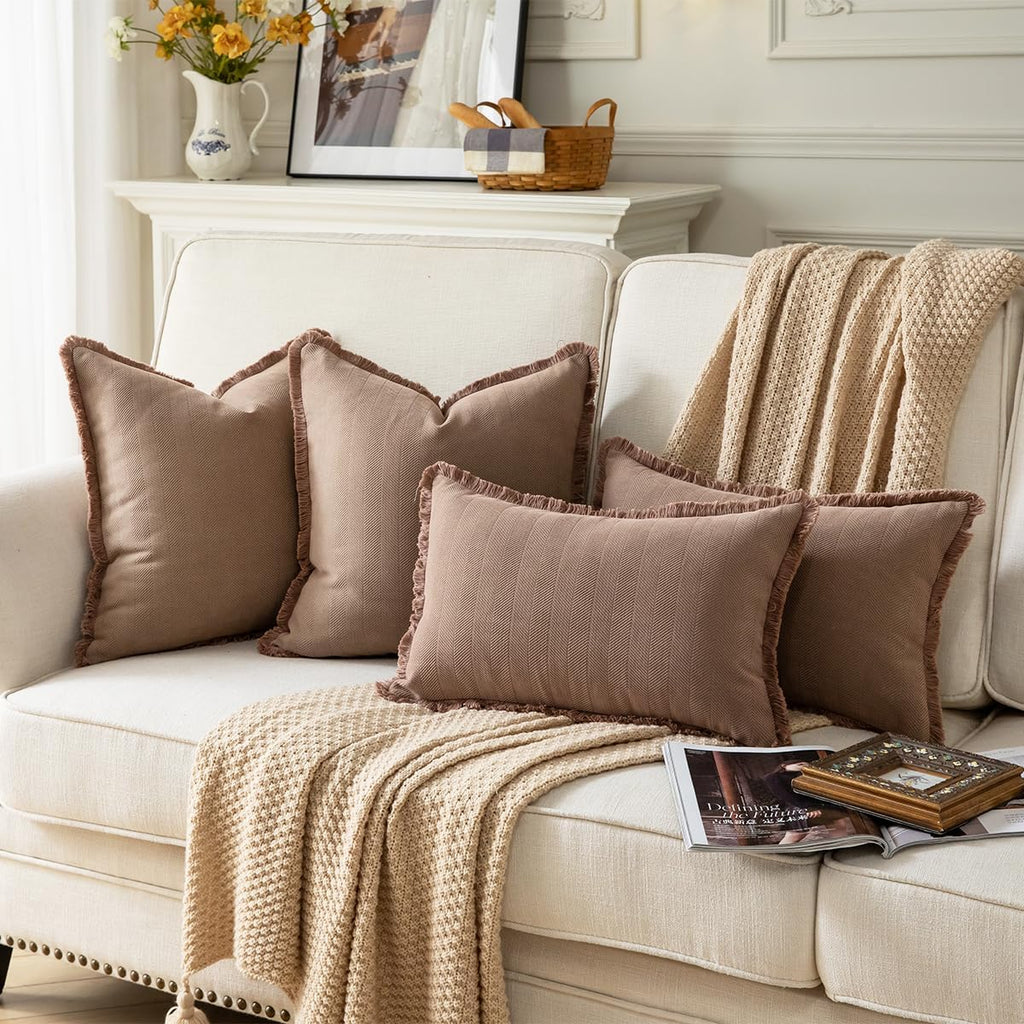 Set of 2 Decorative Fringe Throw Pillow Covers Chenille Pillow Covers Elegant Design Pillowcase Soft Tassels Cushion Cover for Couch Bed Home Decor,20×20 Inch,Khaki