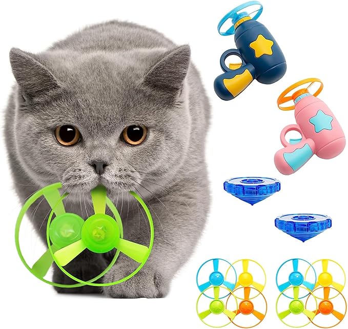 14 Pieces Cat Fetch Toys, Interactive Flying Cat Toy with 2 Light Up Spinning Tops, 10 Flying Propellers, Cat Kitten Tracks Interactive Toy for Training Hunting Chasing