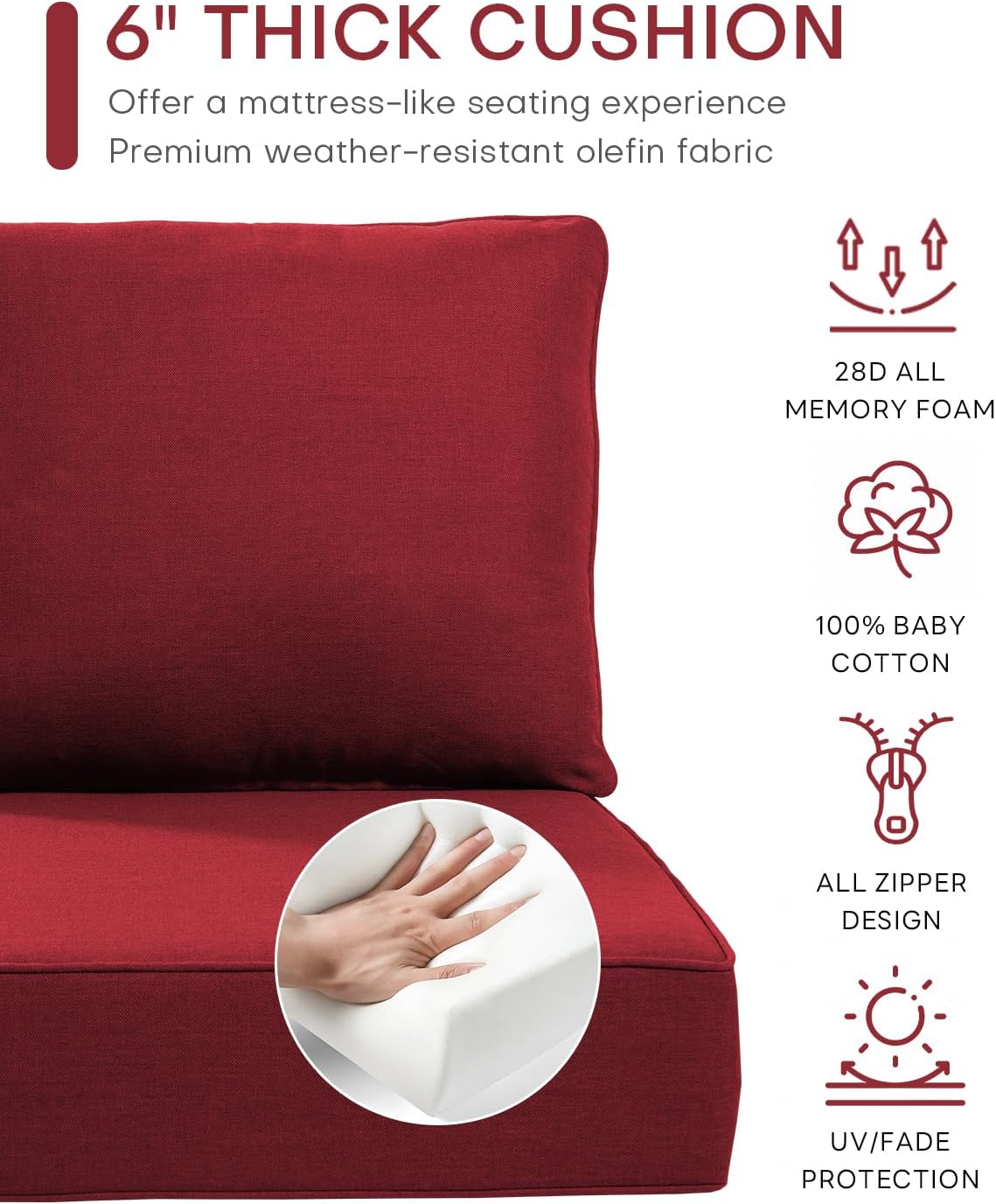 Luxury 22x24/22x25 6-Inch Outdoor Cushions for 5 Peice Patio Furniture Set - Set of 5 Water-Resistant Pillow for Dining Rocking Swivel Chairs Loveseat Couch Sectional Sofa - Red