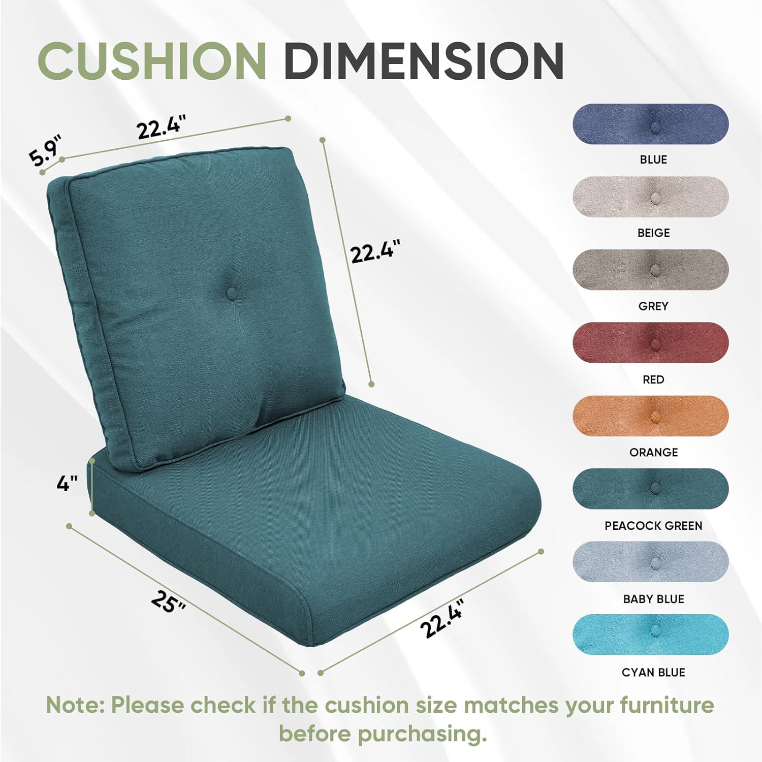Outdoor Cushion Set of 4, Waterproof Outdoor Seat Cushions 25x22, Patio Chair Cushions for Outdoor Furniture, Couch Cushion Replacement, Include 4 Back & 4 Seat Cushions, Peacock Green