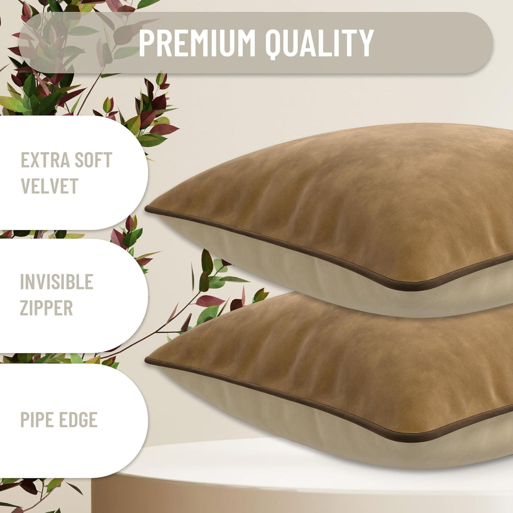 Set of 2 Decorative Throw Pillow Covers Cushion Cases. Soft Velvet. Contrast Pipping Edge. Filling Not Included. (20x20in, Camel/Beige)