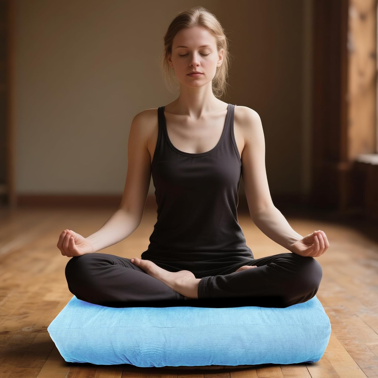 Meditation Floor Pillow Set of 2, Square Large Pillows Seating for Adults, Tufted Corduroy Cushion for Tatami Living Room, 22x22 Inch FP-Lblue