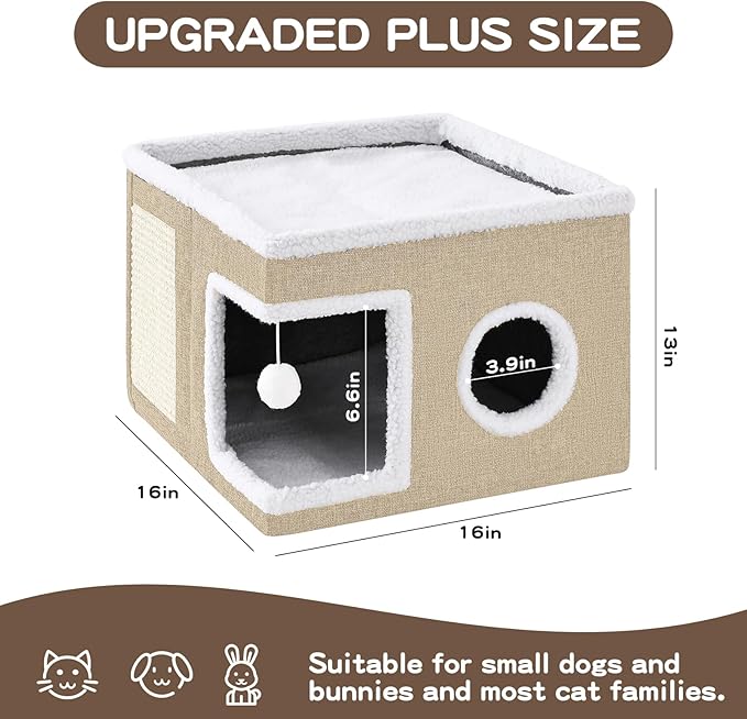 Cat Beds for Indoor Cats Houses, Large Cat Cave with Fluffy Ball and Scratch Pad, Foldable Cat House with Hideaway Tent for Kitten,Grey (SingleAK, Large)