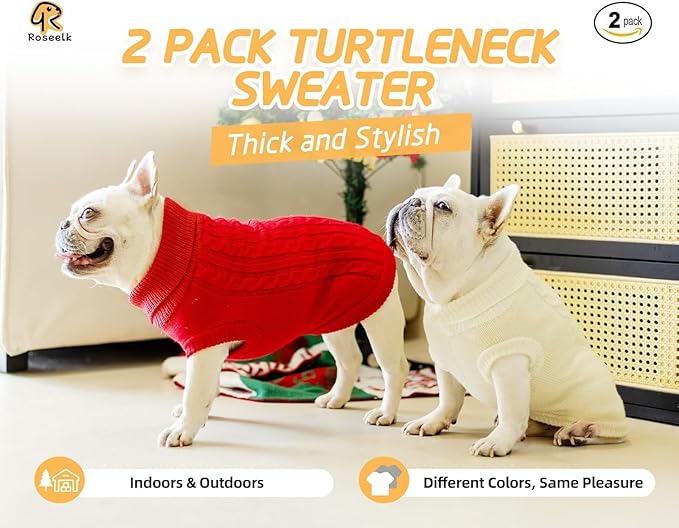 2 Pack Dog Sweaters for Small Dogs - Puppy Medium Warm Clothes in Winter, Turtleneck Pullover Design for Boy Girl Pet, Doggie, Cat, Kitten Chihuahua Bulldog Pug Beagles (2XS, Red, Beige)