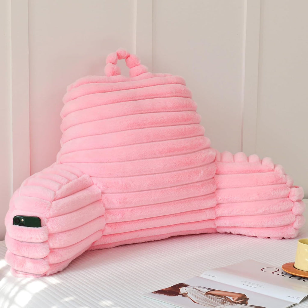 Yaoshuho Large Reading Pillow for Adults, Back Support Pillow for Sitting Up in Bed with Arms, Couch for Lounging Bedrest, Pink