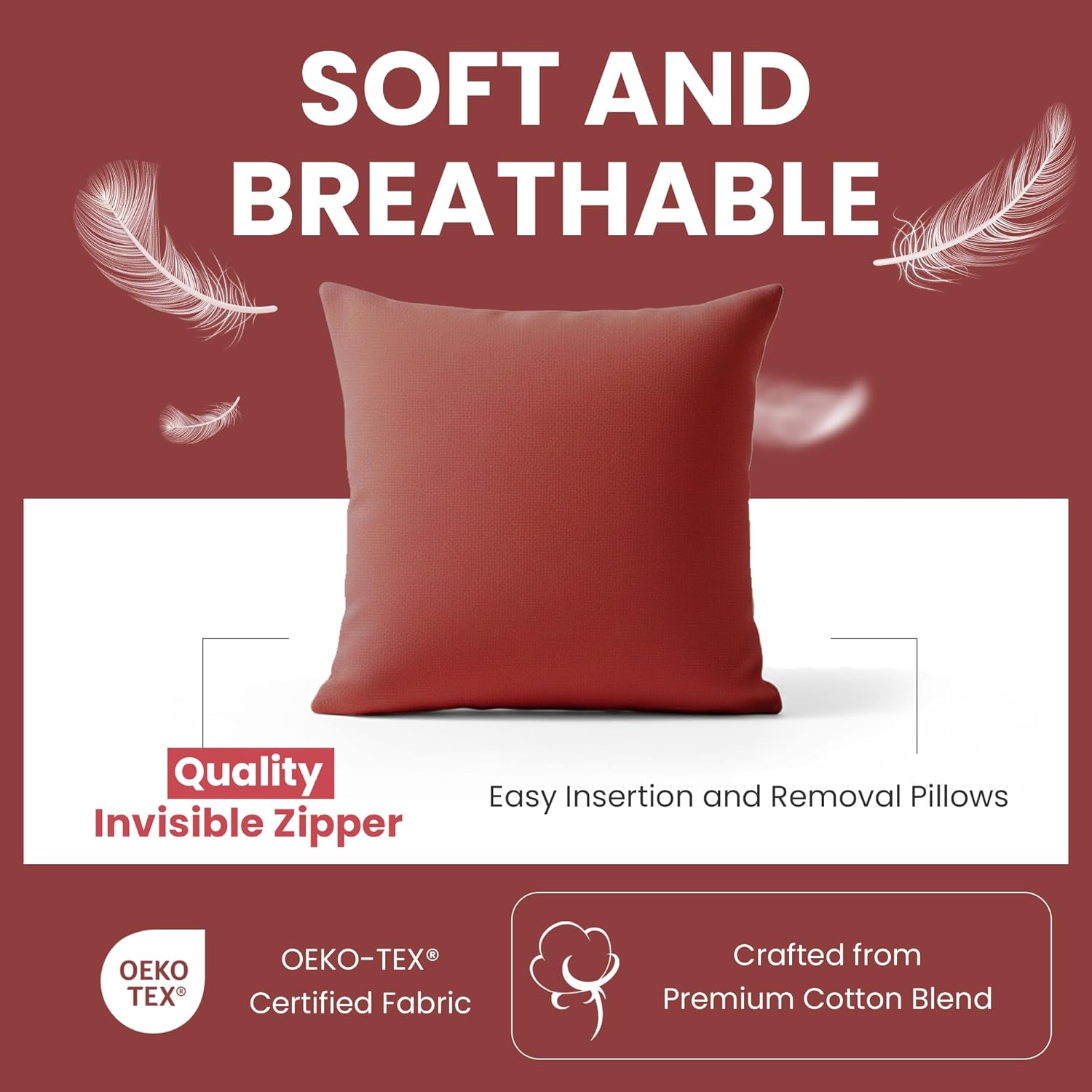 Haven & Glow Decorative Throw Pillow Cover – Square Cushion Case with Zipper | Modern Sofa, Couch & Bed Accent Pillow Covers for Living Room, Bedroom & Home Decor | 18 x 18 Inch – Rust – Pack of 2