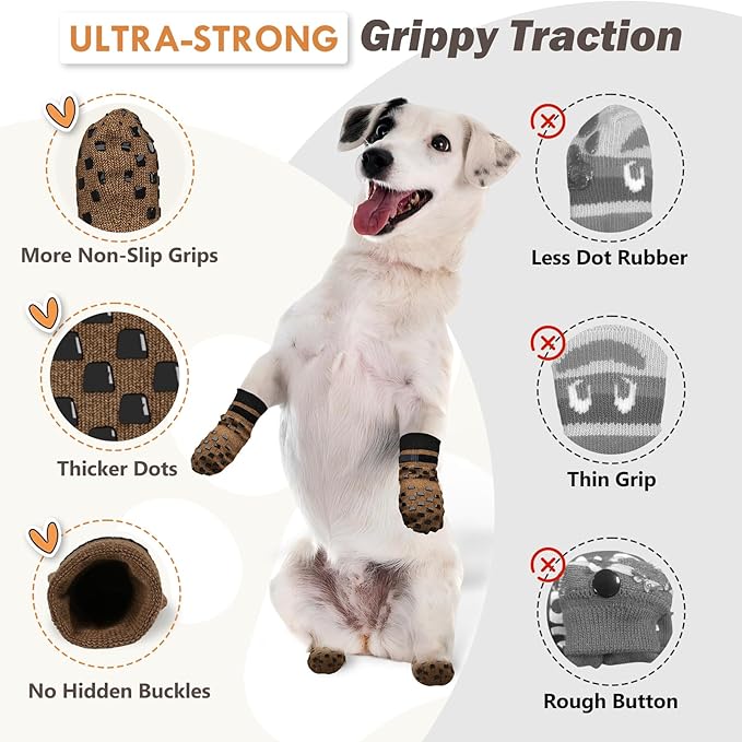Non Slip Dog Socks to Prevent Licking Paws Grippy Socks for Senior Dog on Hardwood Floors Anti Slip Dog Socks for Hot Pavement Double Side Paw Protector Prevent Scratching Brown XS
