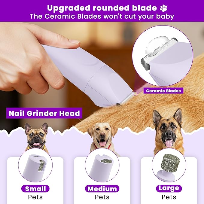 Dog Paw Trimmer - 4-in-1 Dog Clippers Grooming Kit with Low Noise & IPX7 Waterproof Design Includes Comb Paw Trimmer Nail Grinder - Rechargeable & Cordless Pet-Friendly Clipper (Purple)