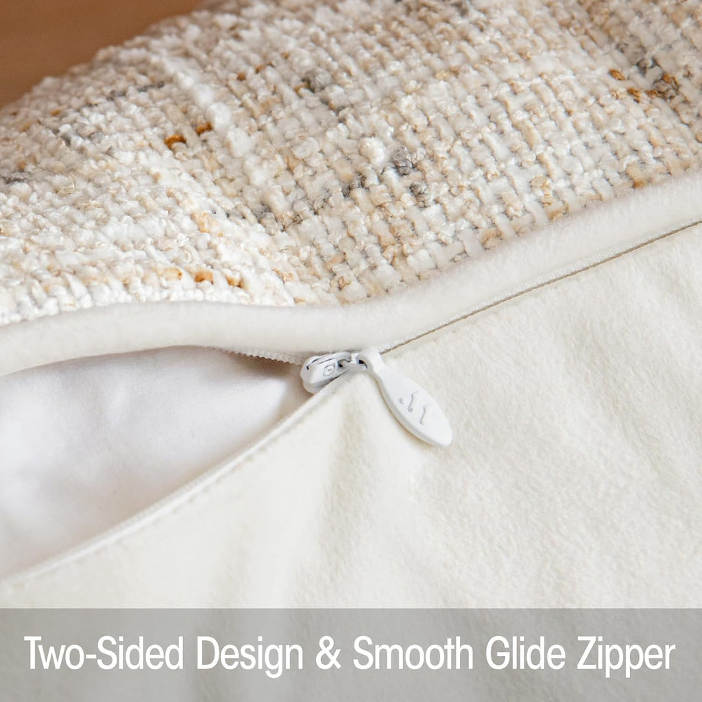 a moment Christmas Beige Reversible Pillow Covers 2 Pack - Farmhouse Chenille Throw Pillows, Neutral Textured Decorative Throw Pillow Covers with Border for Couch Sofa Bed (18x18 Inch, No Insert)