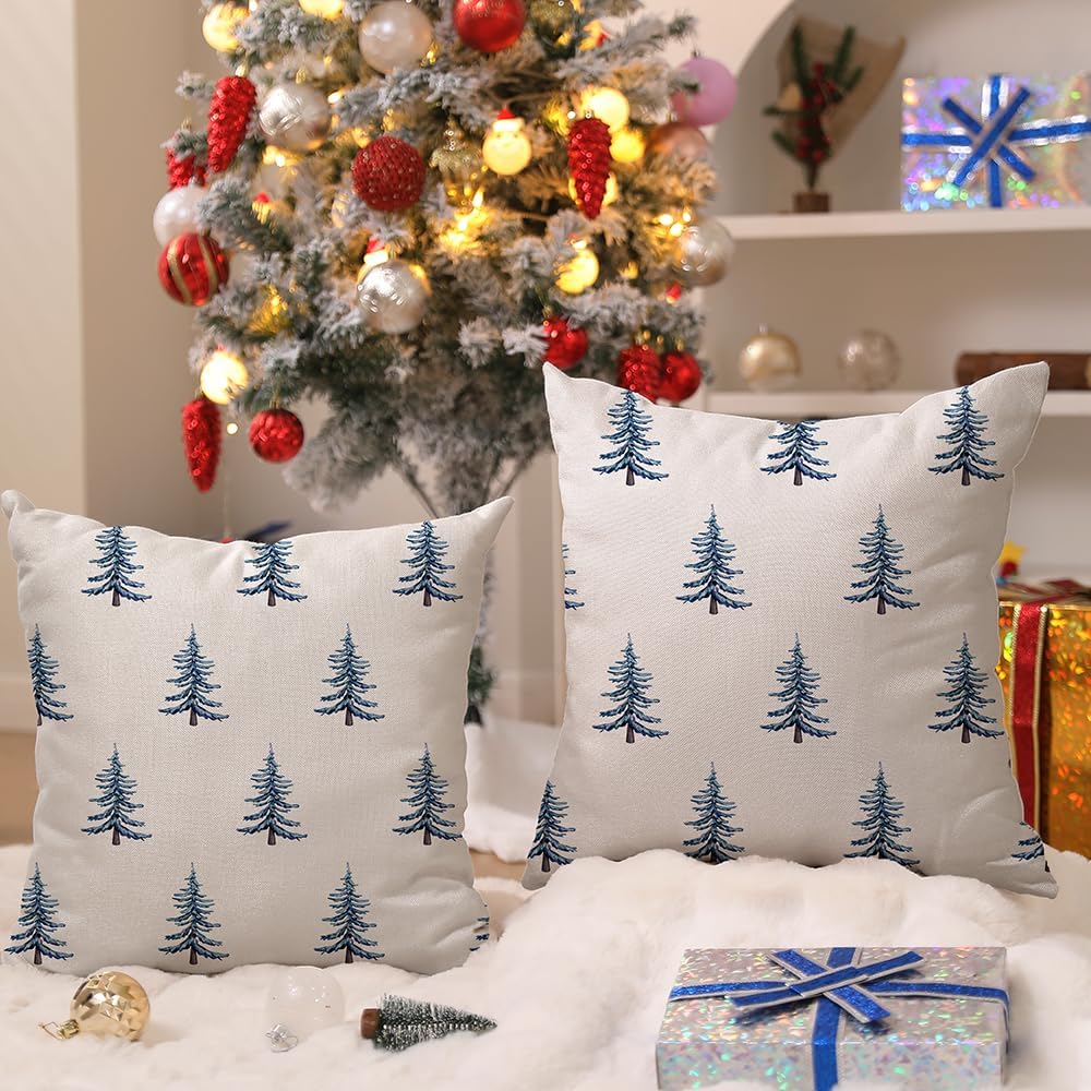 DFXSZ Christmas Pillow Covers 20x20 inch Set of 2 Winter Blue Christmas Tree Decorative White Throw Pillow Covers Winter Famliy Decoration for Home Couch TH-30M20