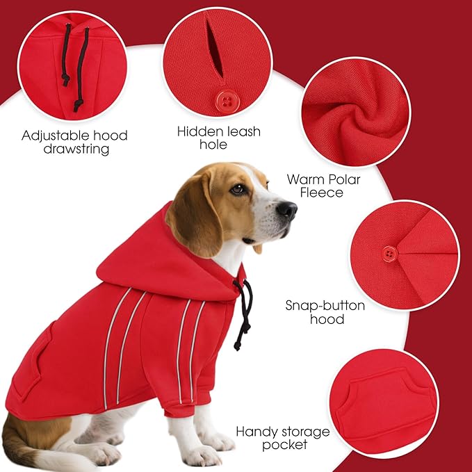 ASENKU Cozy Dog Hoodie，Soft Sweater with Adjustable Hood, Back Pocket and Leash Access Hole，Warm Reflective Sweatshirt for Cold Weather（Red，S