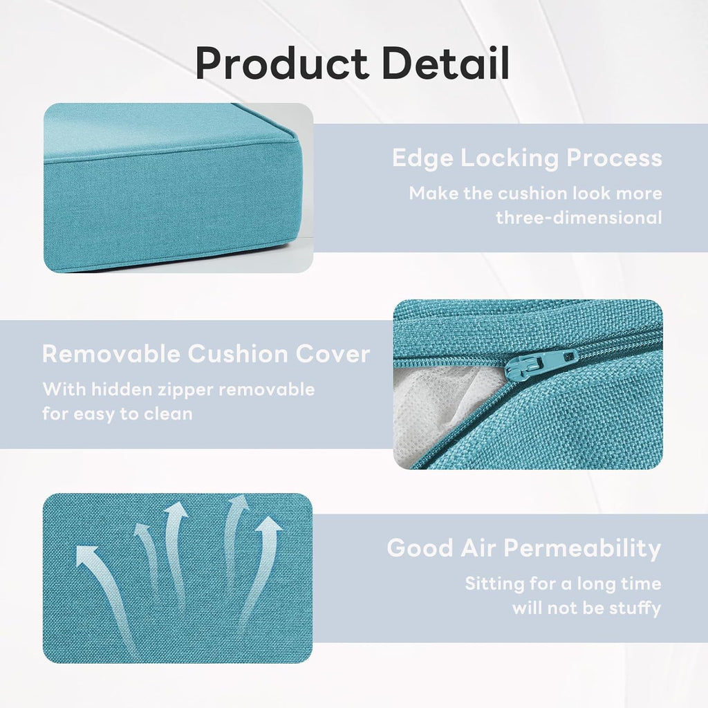 6" Thicker Outdoor Chair Cushion 3 Sets - 24" *24" *6" Waterproof Patio Furniture Cushions with Removable Cover, 28D High Density Sponge Filling Thicken Outdoor Patio Cushions - Turquoise