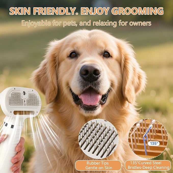 6 in 1 Dog Cat Steam Brush with Dryer - Pet Grooming Spray Brush for Shedding, Drying, Massaging, Deodorizing, Self-Cleaning - Includes Leave-In Pet Hair Care Solution - Easy to Use & Store Hide translation