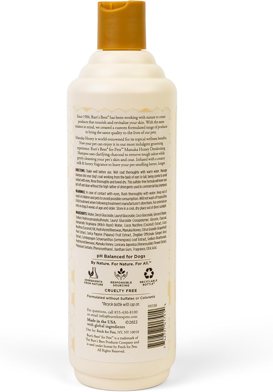 Burt’s Bees for Pets Deodorizing Shampoo with Manuka Honey and Charcoal for Dogs - Naturally Derived Ingredients, 16 Fl Oz