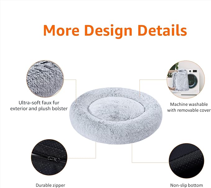 Amazon Basics Donut Pet Bolster Faux Fur Bed for Dog, Grey, 36" x 36"