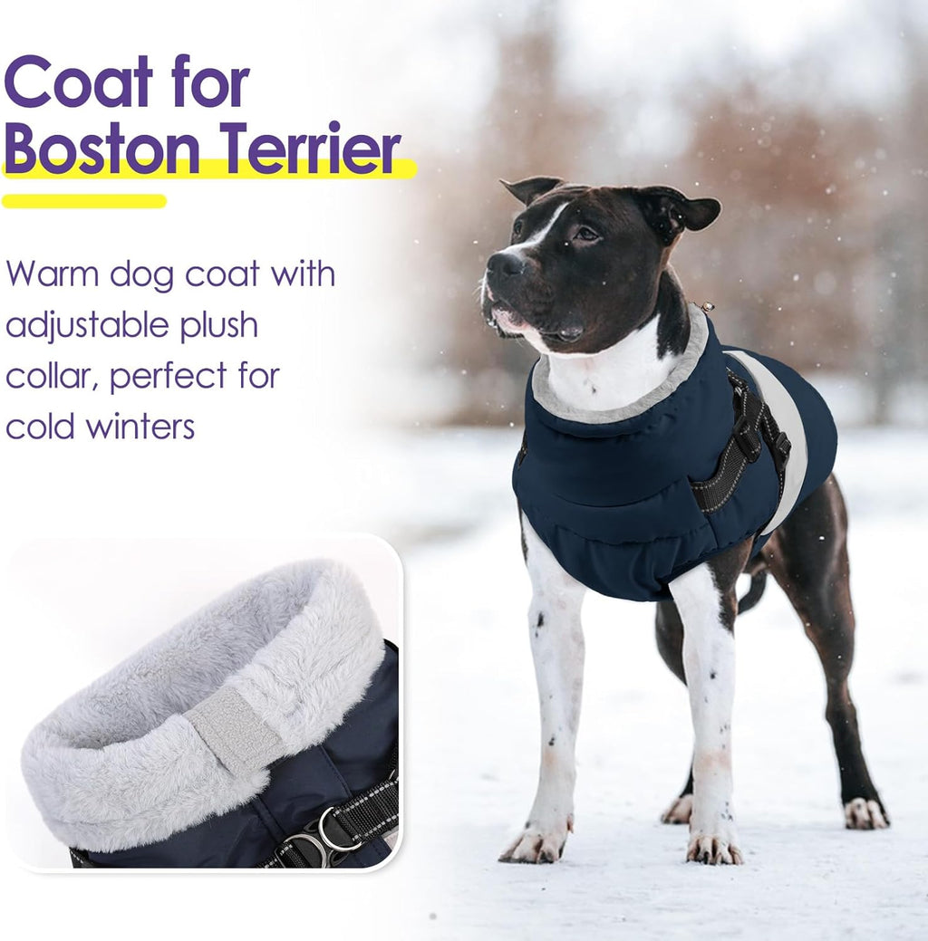 SUNFURA Small Dog Coat with Harness Built in, Warm Dog Jacket Winter with Zipper On Back, Waterproof Pet Snow Jacket Snowsuit Pet Sweater Clothes for Schnauzer, Yorkshire Terrier, Navy Blue S