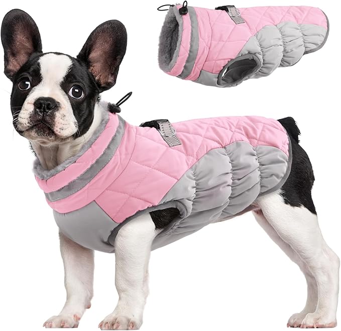 FUAMEY Dog Coat for Small Dogs,Waterproof Dog Winter Jacket with Harness Built in Puppy Cold Weather Coats Reflective Pet Vest with Zipper Warm Fleece Dogs Snowsuit Windproof Pink XS