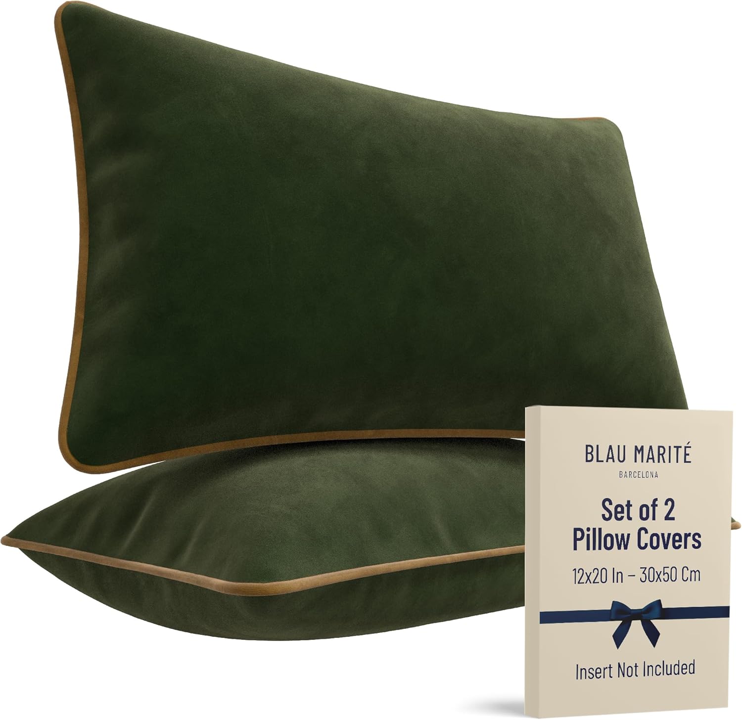 2 Pack Polyester Decorative Throw Pillow Covers, 12"x20", Green and Camel, Solid, Modern, Contrast Piping, Indoor Use, Bedroom & Living Room