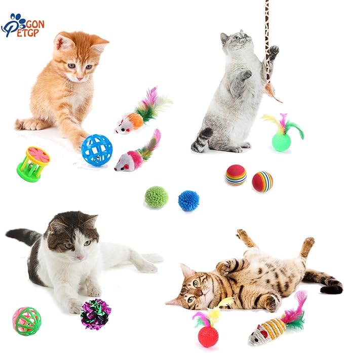 Cat Toys for Indoor Cats, Kitten Toys Set, Collapsible Pet Tunnel Cube Tent Toys, Interactive Cat Feather Teaser Wand Cat Bell Balls Fuzzy Ball Springs Mouse Toys (Rainbow)