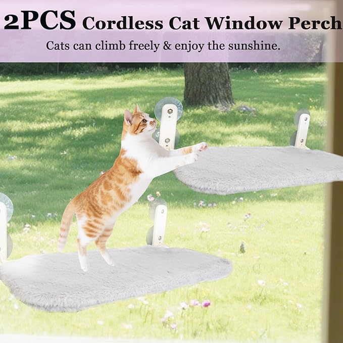 2 PCS Cat Window Perch (Medium 20.4''×11.8'') - Machine Washable Cover, 4 Large Suction Cups, Solid Metal Frame - Cordless Foldable Hammock for Indoor Cats (2×Grey)