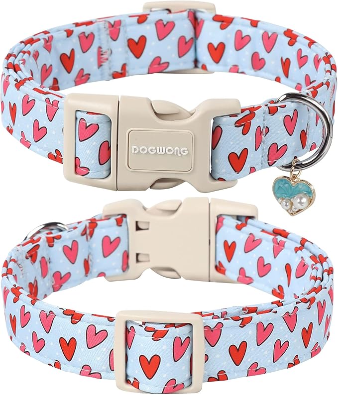 DOGWONG Valentine Dog Collar- Cute Blue Heart Dog Collars Adjustable Designer Valentine’s Day Puppy Heart Dog Collar for Small Medium Large Dogs XL