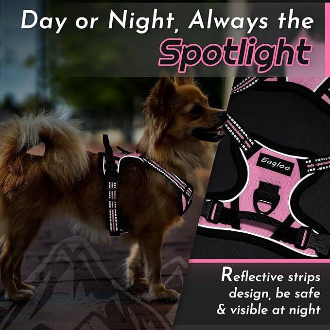 Eagloo Small Dog Harness No Pull, Service Vest with Reflective Strips and Control Handle, Adjustable and Comfortable for Easy Walking, No Choke Pet Harness with 2 Metal Rings, Pink, XS