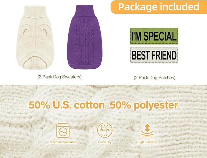 2 Pack Dog Sweaters for Small Dogs - Puppy Medium Warm Clothes in Winter, Turtleneck Pullover Design for Boy Girl Pet, Doggie, Cat, Kitten Chihuahua Bulldog Pug Beagles (M, Purple, Beige)
