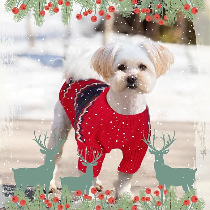 Queenmore Christmas Dog Sweater,Knitted Pullover Christmas Clothes for Dogs,Turtleneck Doggy Christmas Outfit, Warm Dog Sweaters for Small Dogs Boys or Girls L
