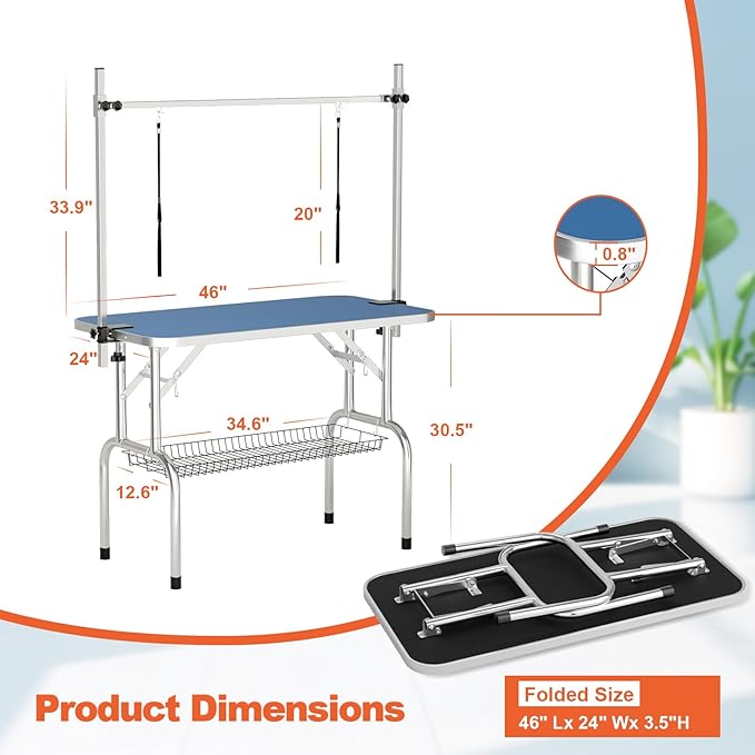 46'' Modern Blue Dog Grooming Table, Foldable Professional Grooming Table for Large Dogs, Up to 330lbs, Stainless Steel