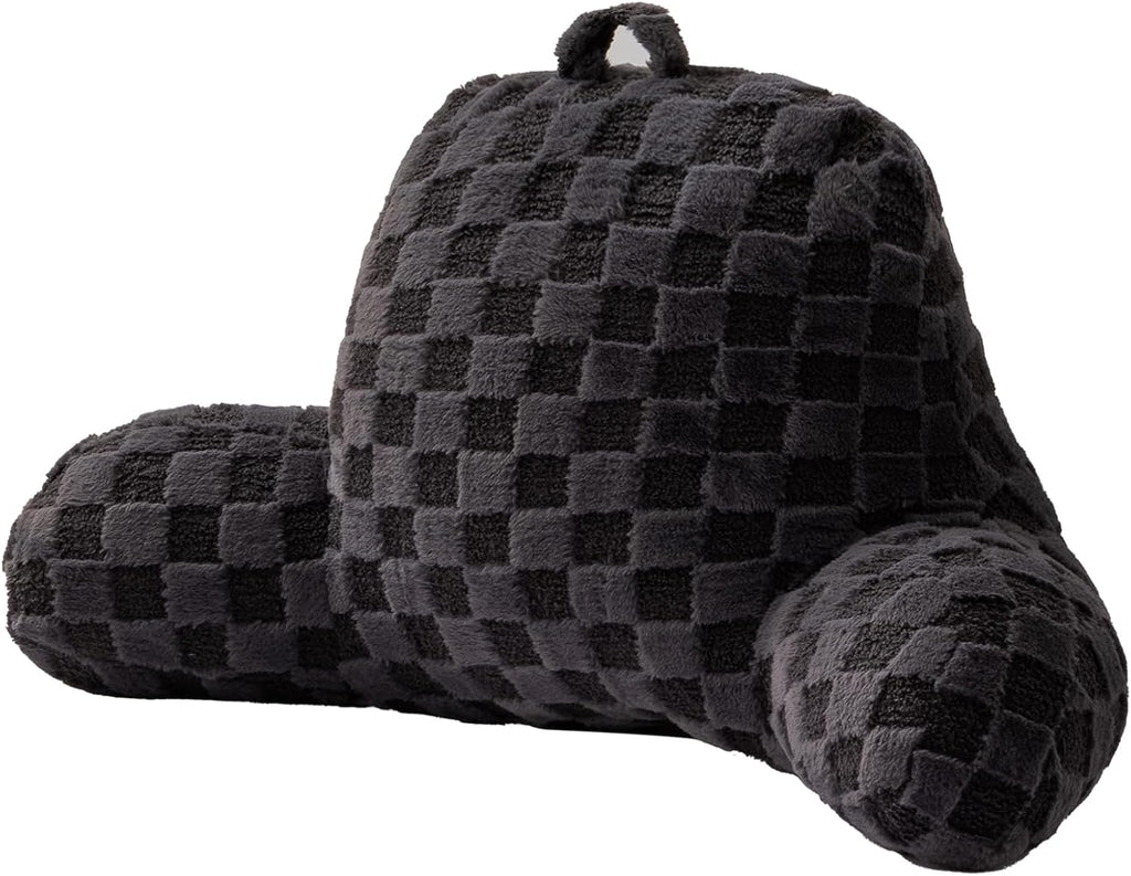 A Nice Night Faux Fur Reading Pillow,Checkered Fluffy Grid Plaid,Bed Wedge Pillow Large Adult Children Backrest with Arms for Bedrest,Darkgrey