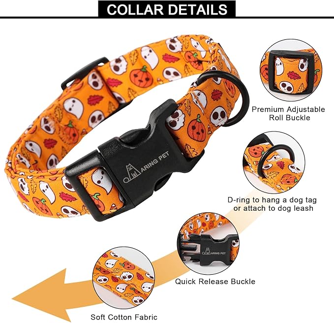ARING PET Halloween Dog Collar, Cute Orange Ghost Pumpkin Leaves Cotton Lightweight Pet Collars with Quick Release Buckle for Puppy Small Medium Large Boy Girl Dogs-M