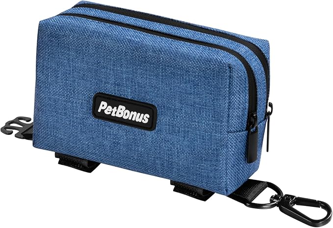 PetBonus Dog Poop Bag Holder, Portable Pet Waste Bag Dispenser, 2 Pouches for Treats and Walking Accessories, Fit All Leashes, Includes 1 Roll of Dog Poop Bags (Blue)