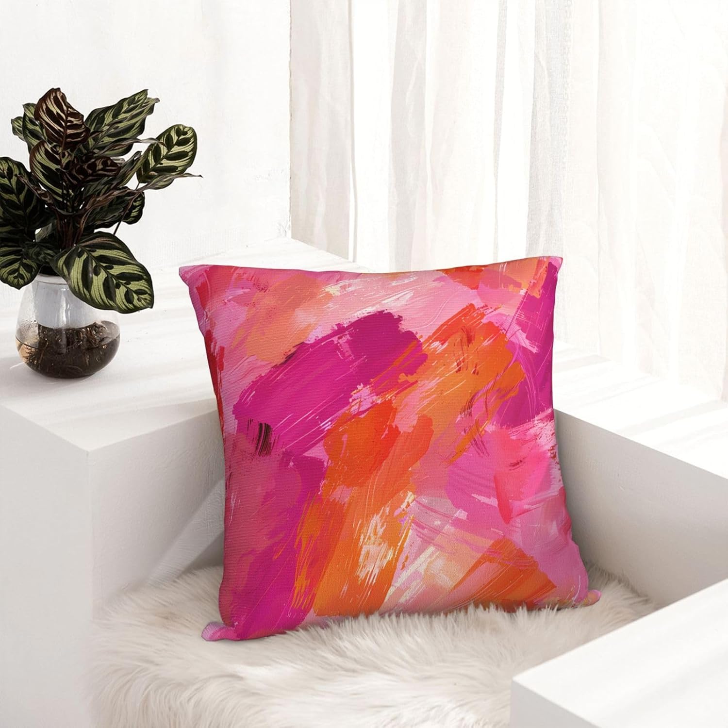 Abstract Pink and Orange Brush Aesthetic Throw Pillow Covers 18x18 inches Cozy Square Pillowcases Home Decor for Bed Couch Sofa Office Living Room Cushion Covers