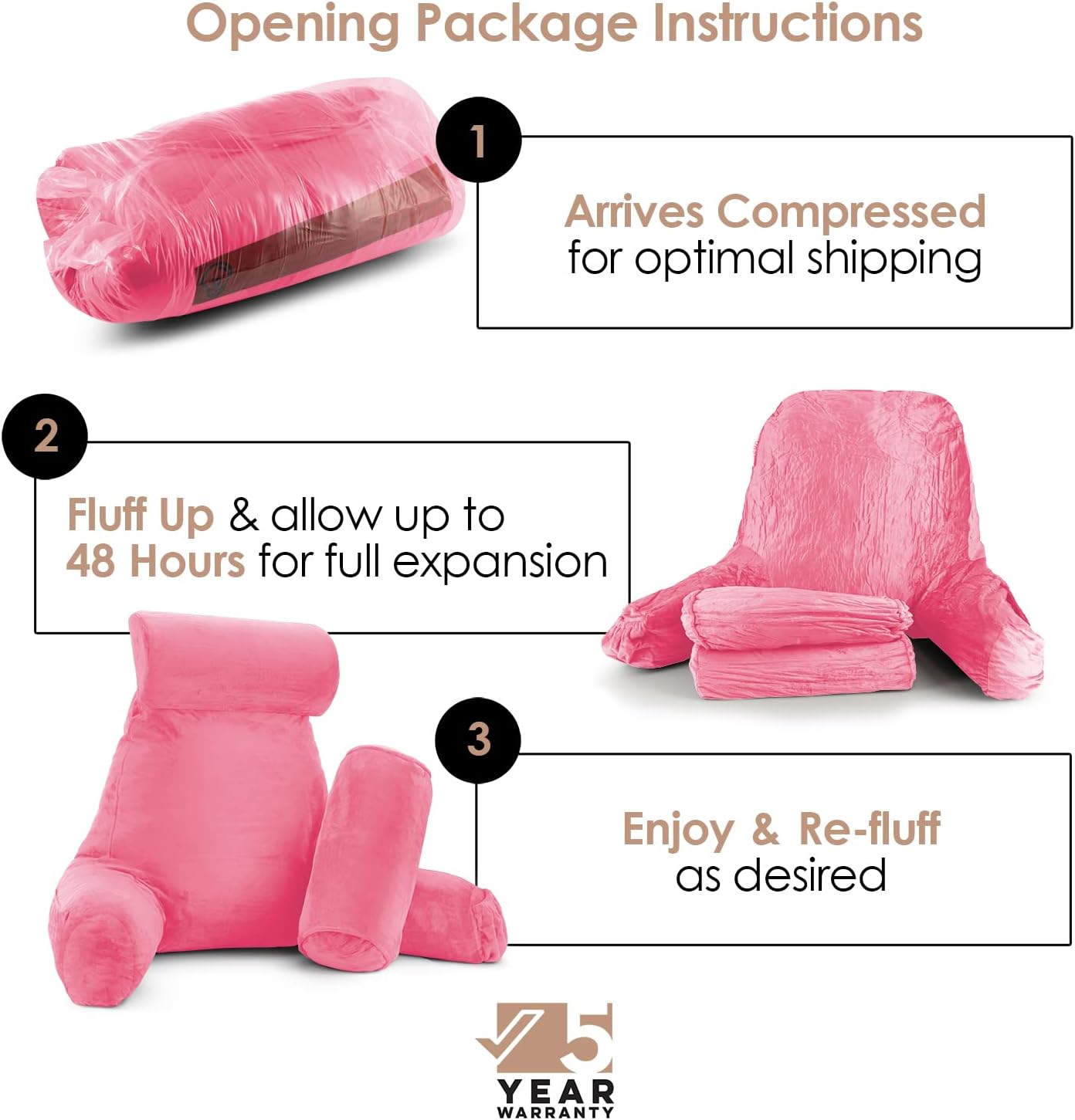 Nestl Reading Pillow with Shredded Memory Foam Includes 2 Neck and Lumber Support Pillows, Designed for Sitting Up in Bed and Couch, Back and Arms Adjustable Support for Adult & Teens, Light Pink