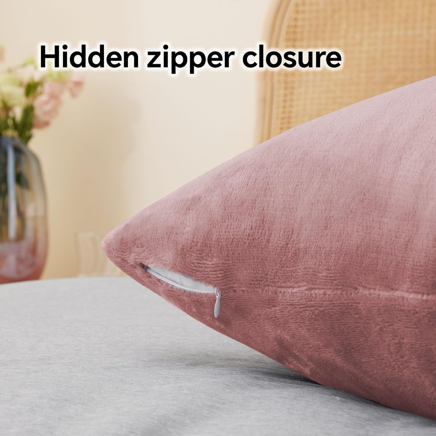 BEDELITE Flannel Pillowcases Standard Set of 2, Super Soft Fleece Pillow Case Cover with Zipper for Bedroom, Sofa, Luxury Cozy Fuzzy Velvet Pillow Shams for All Seasons(20x26 Inches, Dusty Pink)
