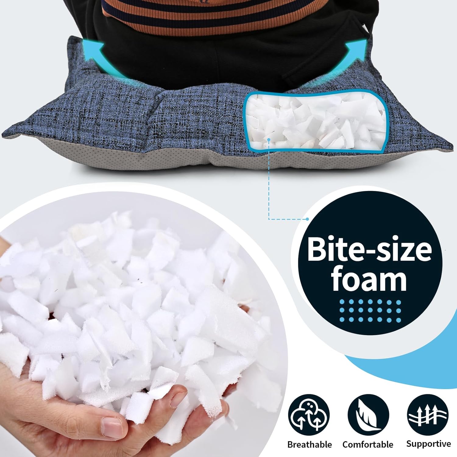 SINSOSSO Large Floor Pillows 22", Thickened Bite-Size Memory Foam Square Non-Slip Cushions for Office Back Support/Yoga/Chair Seat, Fashionable Color-Blocked Fabric & Washable, Blue, 2 PCS