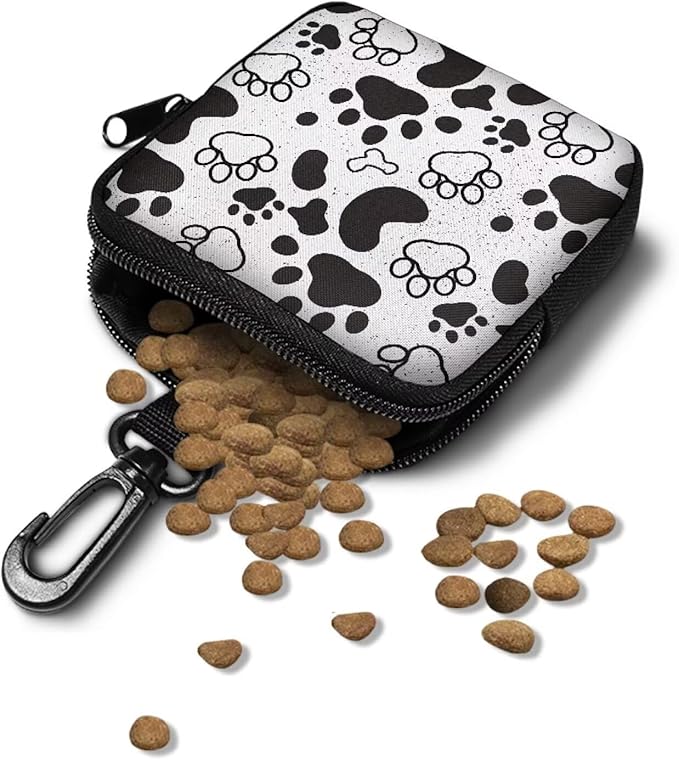 KEIAHUAN Paw Print Zipper Dog Treat Pouch for Pet Walking and Training with Clasp Portable Snack Reward Dog Food Dispenser for Traveling or Outdoor Use, Black Grey