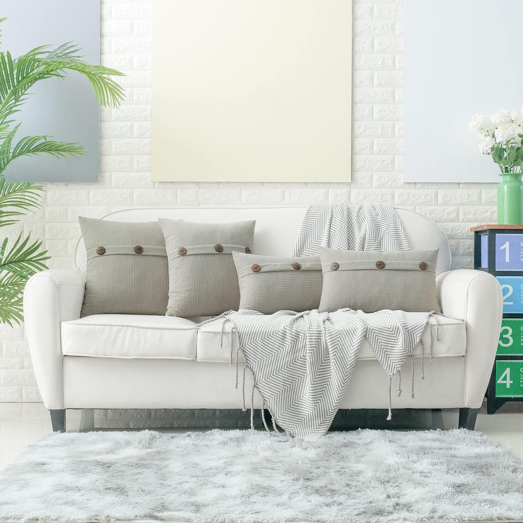 HWY 50 Light Grey Gray Chenille Throw Pillow Covers 12x20 Inch with Triple Buttons, Soft Farmhouse Accent Decorative Cushion Cases for Couch Sofa Living Room Pack of 2 Rectangle