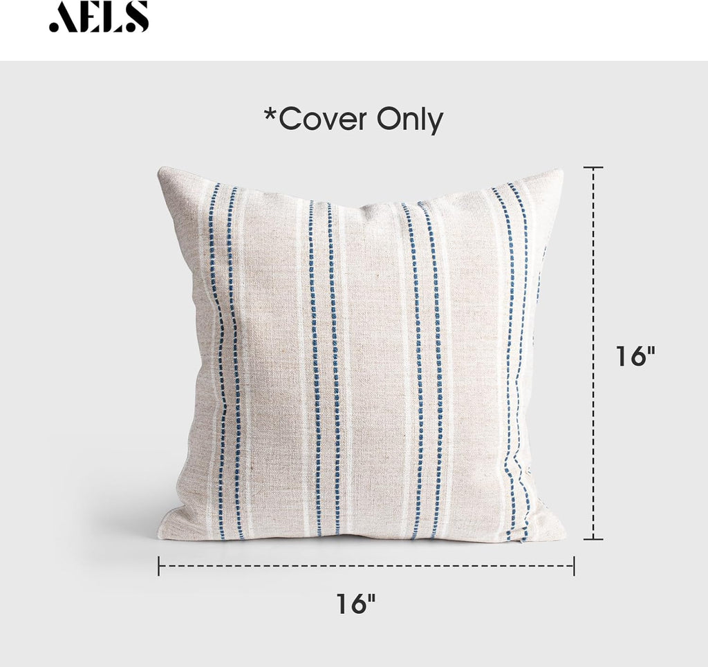 AELS 16x16 Decorative Farmhouse Linen Throw Pillow Covers, Boho Textured Pillow Case, Set of 2, Beige with White & Navy Blue Stitch Yarn Dyed Stripe Cushion Cover for Couch Living Room (Cover ONLY)